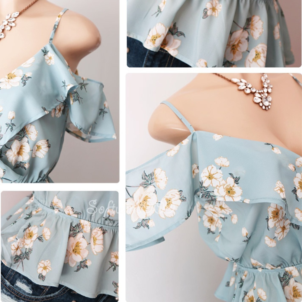 Light Blue Floral Ruffle Cold Shoulder Cropped Top - Picture 6 of 8